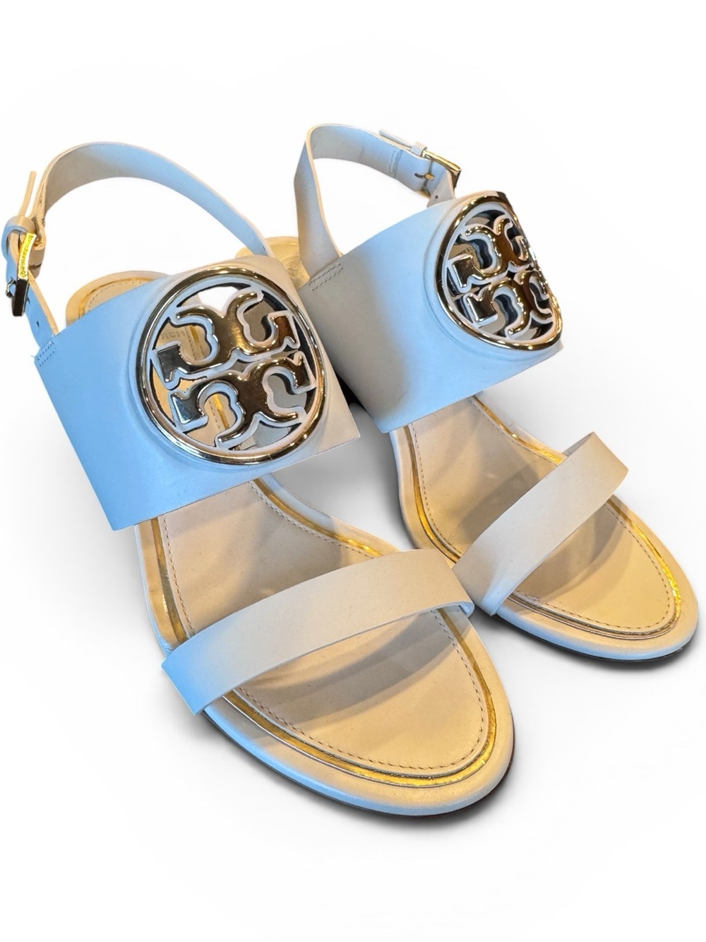 Tory Burch Metal Miller 65 mm Wedge Sandals White Leather Size 7M NWOT